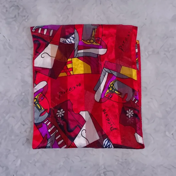 Vintage Picasso Abstract Silk Scarf Red 60x13 Artistic Retro Accessory - Picture 2 of 8